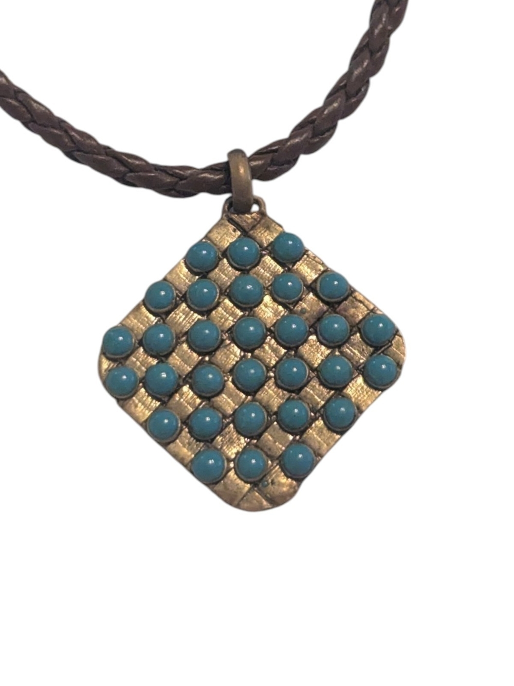 VTG Willow House By Sara Blaine Biji Aqua Bead Grid Brown Braided Adj. Necklace